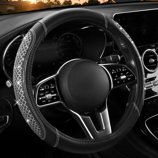 West Llama Bling Steering Wheel Cover for Women, Rhinestone Diamond Steering Wheel Protector, Sparkly Car Interiror Accessories, 14.5-15 Inch（White Diamond-Standard Size