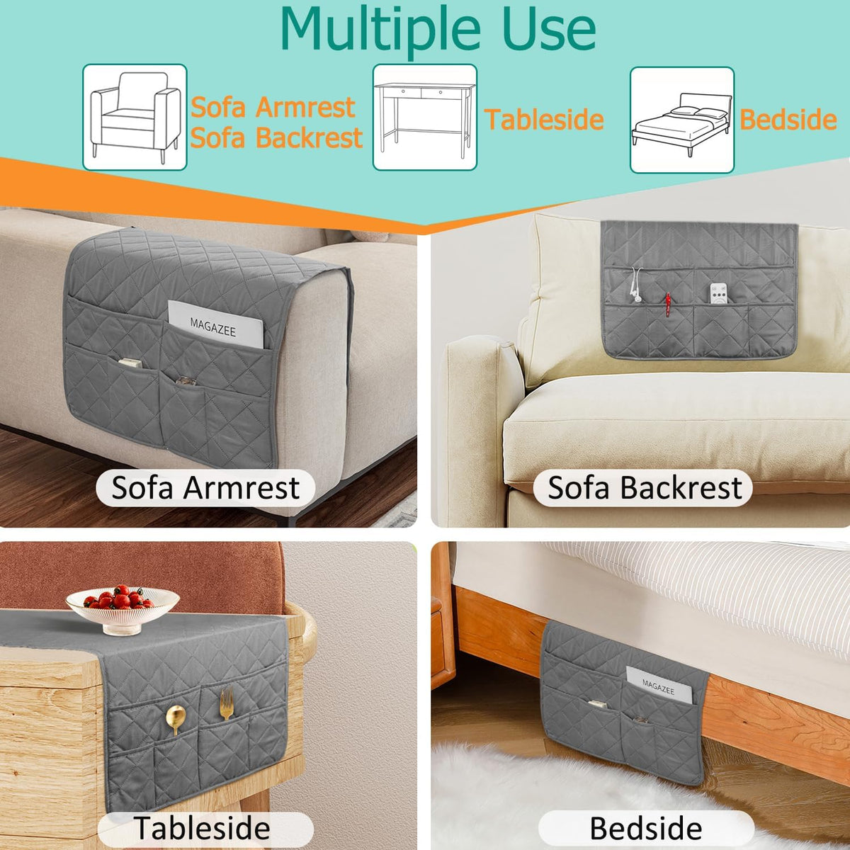 Remote Control Holder for Recliner Non-Slip Armchair Caddy Couch Armrest Organizer, Arm Chair Bedside Caddy Storage Organizer for Recliner Couch With 6 Pockets for Magazine, Tablet, Phone, iPad (Grey)