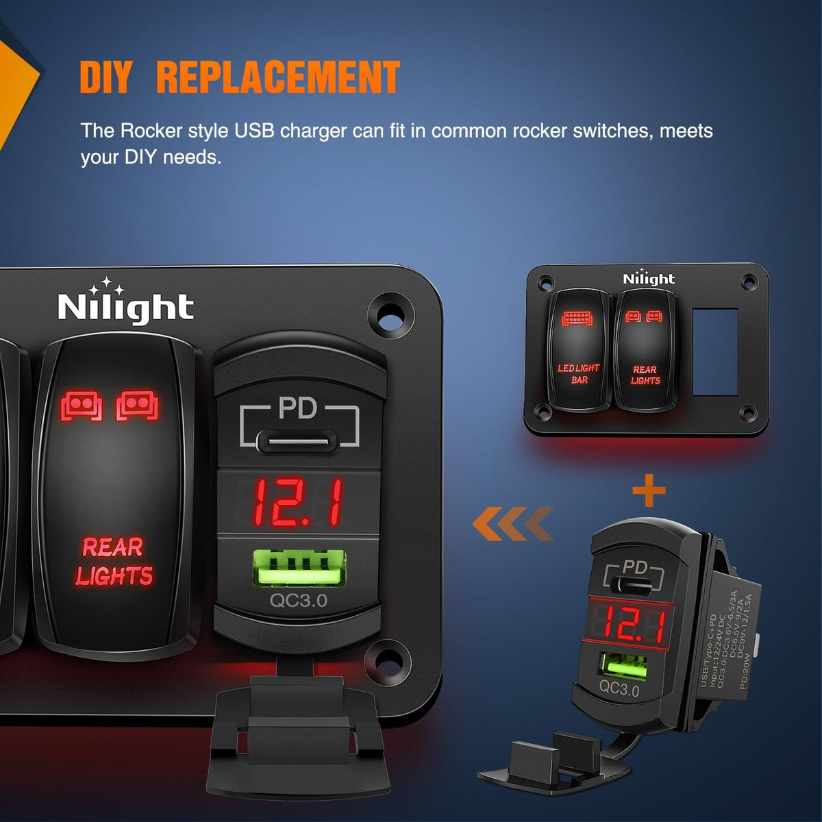 Nilight Rocker Switch Style PD Type C and USB Outlet LED Voltmeter