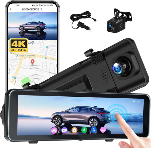 4K Mirror Dual Dash Camera for Car, 10.88" IPS Touch Screen, 4K Front 1080P Rear View with ADAS BSD LCA Wi-Fi APP Control Night Vision G-Sensor Loop Recording 24H Parking Monitor Parking Monitor