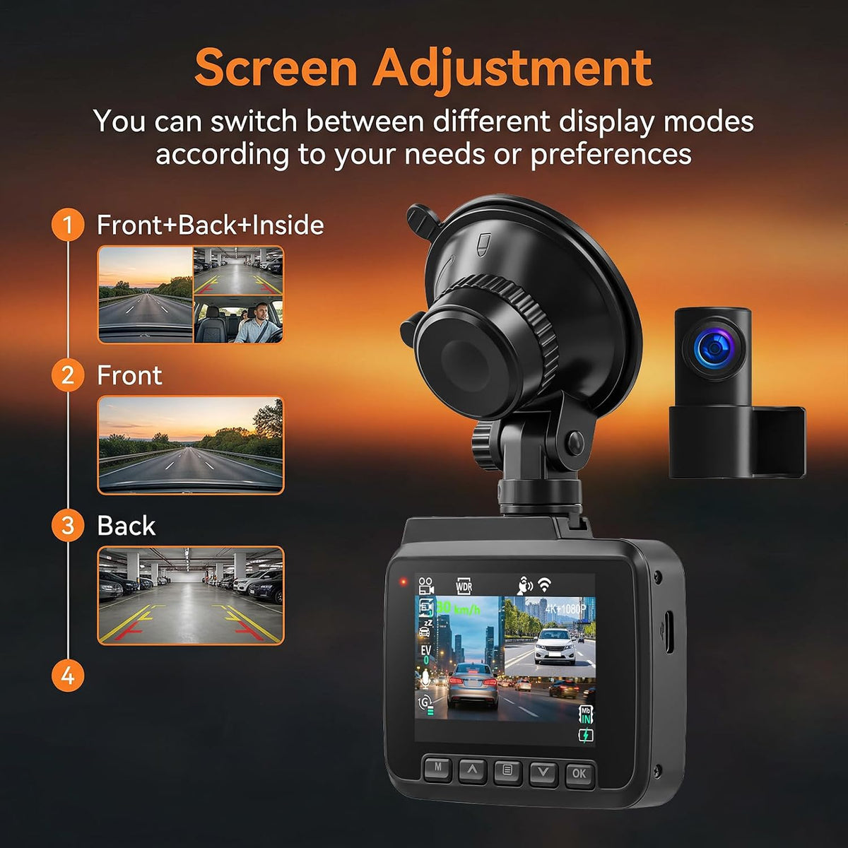 4K Dash Cam Front and Rear,WiFi with App Dash Camera for Cars Built-in GPS Night Vision Wide Angle 2.4" IPS Screen, Loop Recording, 24H Parking Monitor