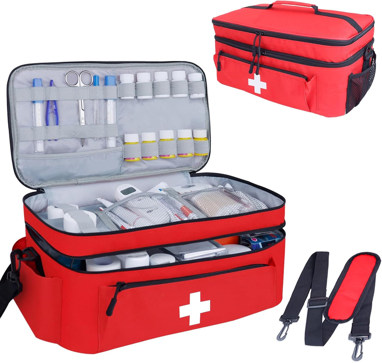 ALSLEA First Aid Bag Empty Large 2 Layer Medical Bag with Shoulder Strap 16”x 9½” x 7” Medicine Organizer Box Travel First Aid kit Emergency Supplies Storage Bag for Car, Home, Office, Outdoor (Red)