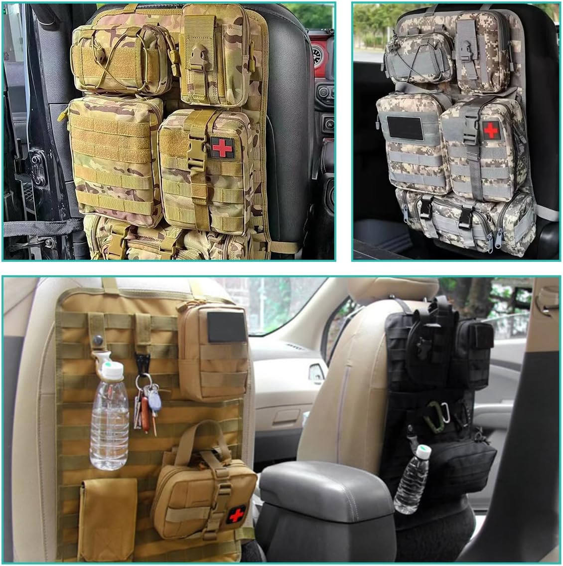 2 PCS Car Seat Back Organizer, Tactical MOLLE Sag Proof Vehicle Panel Backseat Cover Protector, Universal Molle Nylon Storage Bag Seat Back Hanger Pad for Car Truck SUV Pickup (Camouflage ACU)