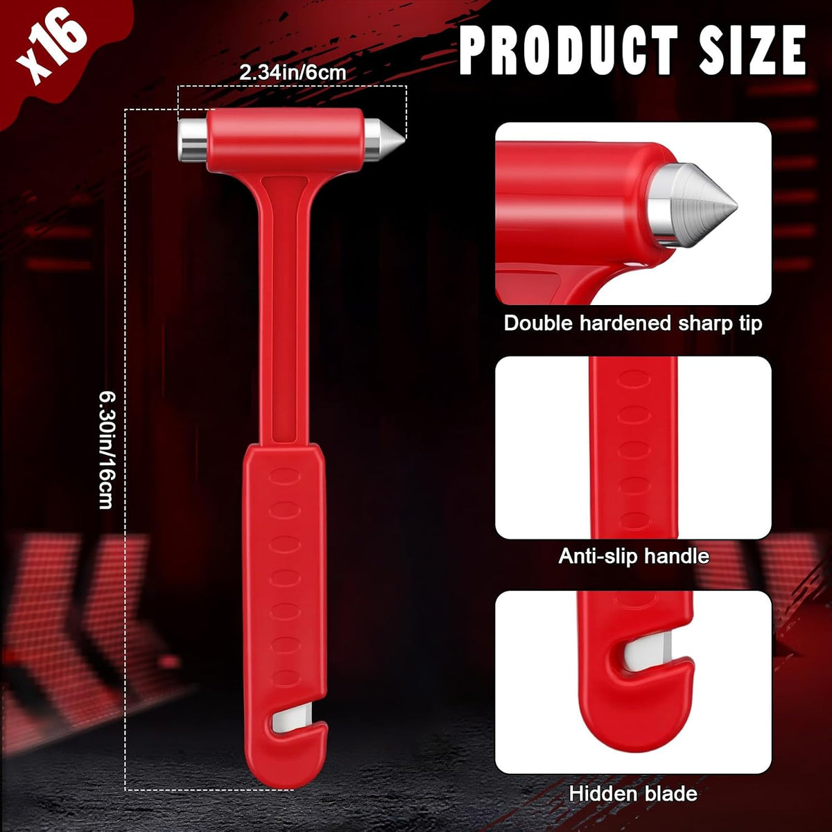 16 Pack Car Safety Hammer, Window Breaker Seatbelt Cutter 2-in-1 Auto Glass Escape Tool for Fleet Trucks Police Firefighter First Responder Family Rescue Traffic Accident Escape