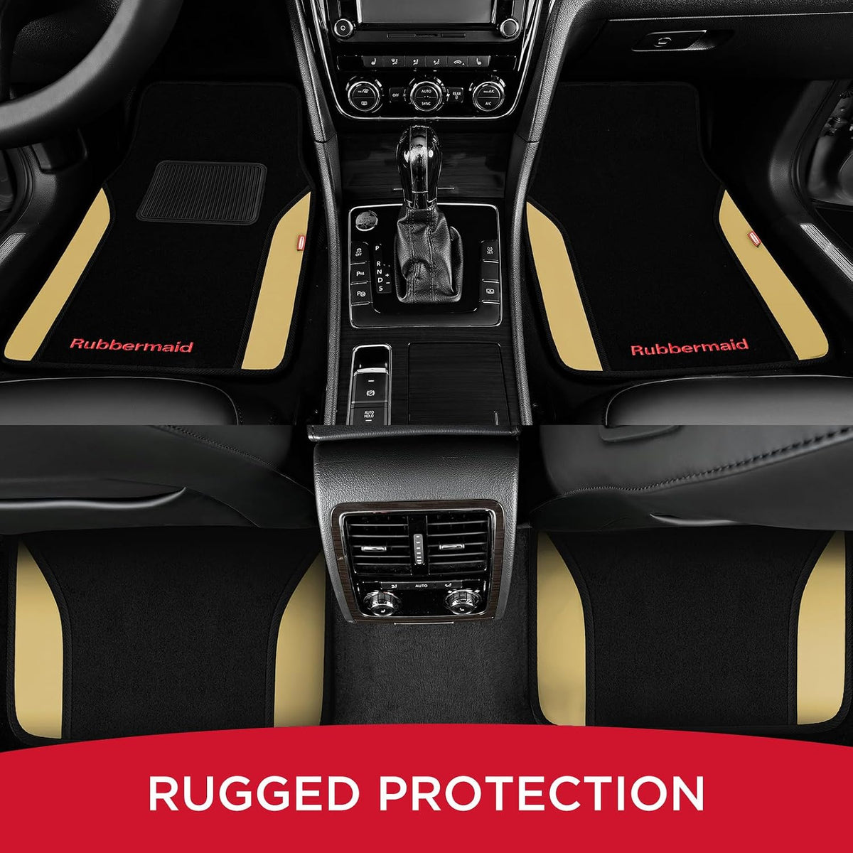 Rubbermaid Car Mats, Carpeted Floor Car Mat with Faux Leather & Built-in Heel Pad, Two-Tone Car Rug Floor Mats, Stylish Carpeted Floor Mats for Cars, Trucks & SUVs Beige Color