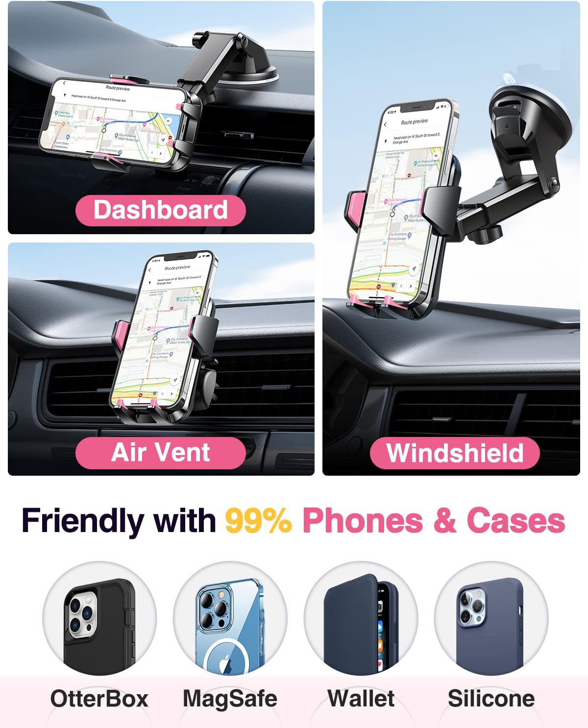 VANMASS【85+LBS Strongest Suction & Military-Grade Ultimate Car Phone Mount【Patent & Safety Certs】 Cell Phone Holder for Dash Windshield Vent for iPhone 17 Pro Max Automobile Interior Sets, Light Pink