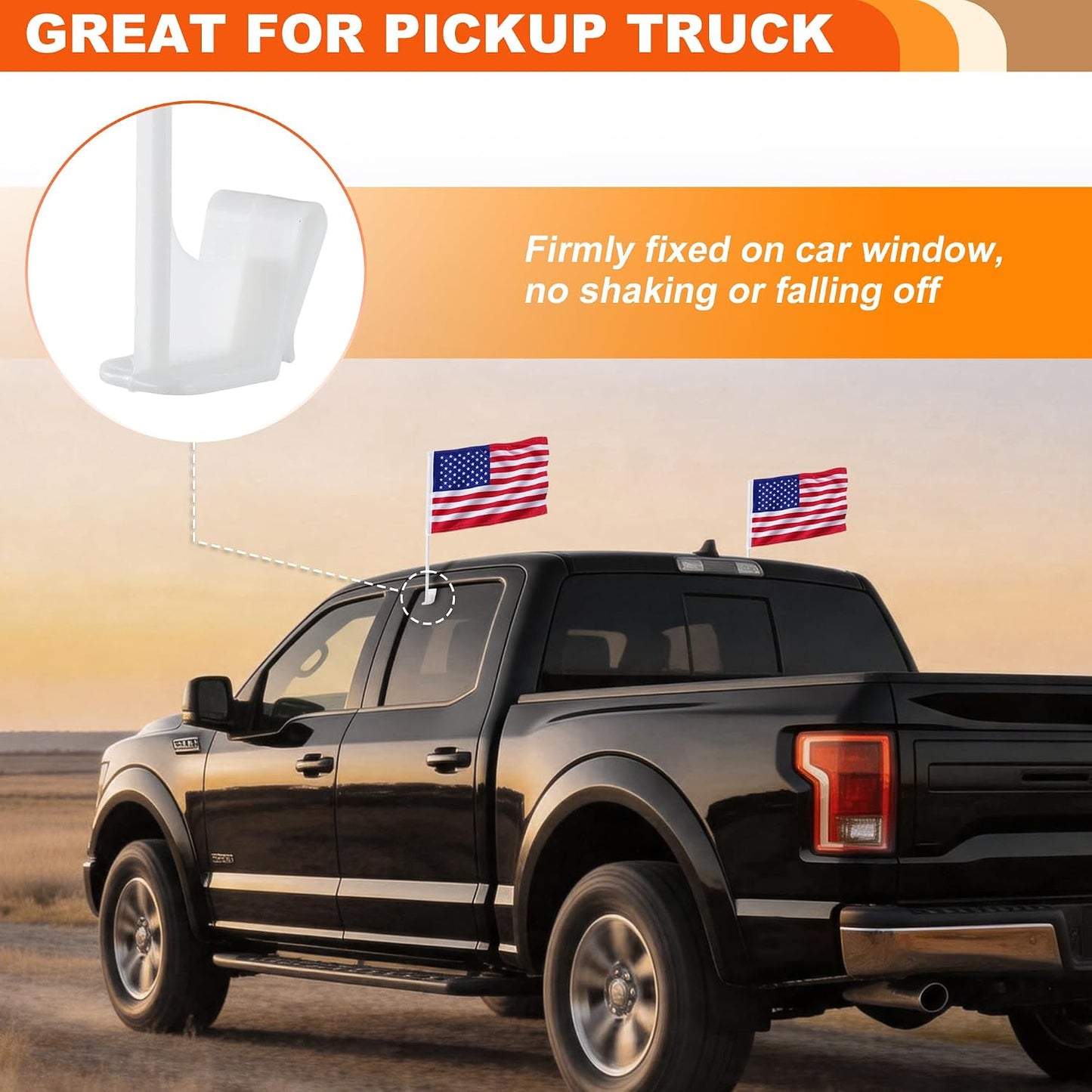 2-Pack American Flag for Car Window - Heavy Duty 2-Ply Warp-Knitted Polyester USA Car Flags, 17.5" Sturdy Pole W/Window Clip, Highway Ready for SUV, Truck & Football Sports Events