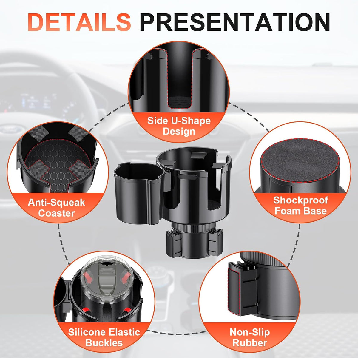 2-in-1 Car Cup Holder Expander, Upgraded Cup Adapter for Car with Offset Option,Phone Holder - Adjustable Base,Versatile Car Accessories Fits Yeti,Hydroflask & Large Water Bottles in 2.2"-4.2" (Black)