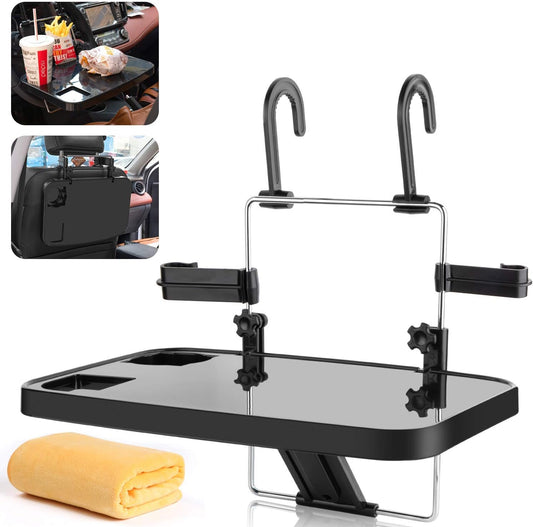Foldable Car Seat Back Portable Tray for Food Dining Drink and Laptop, Hanging Car Steering Wheel Tray (Black)