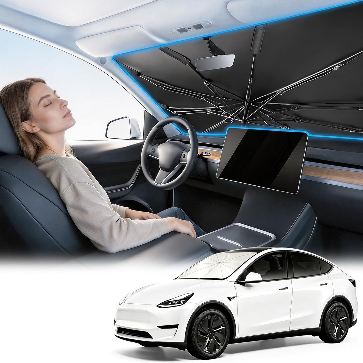 Mihen Windshield Sun Shade Umbrella for Car - Universal Size [100% Blocks Sunlight & Ice Cooling Feel] Foldable Front Window Car Sun Shade Heat Insulation, Protect Car Interior for Car, SUV, Truck