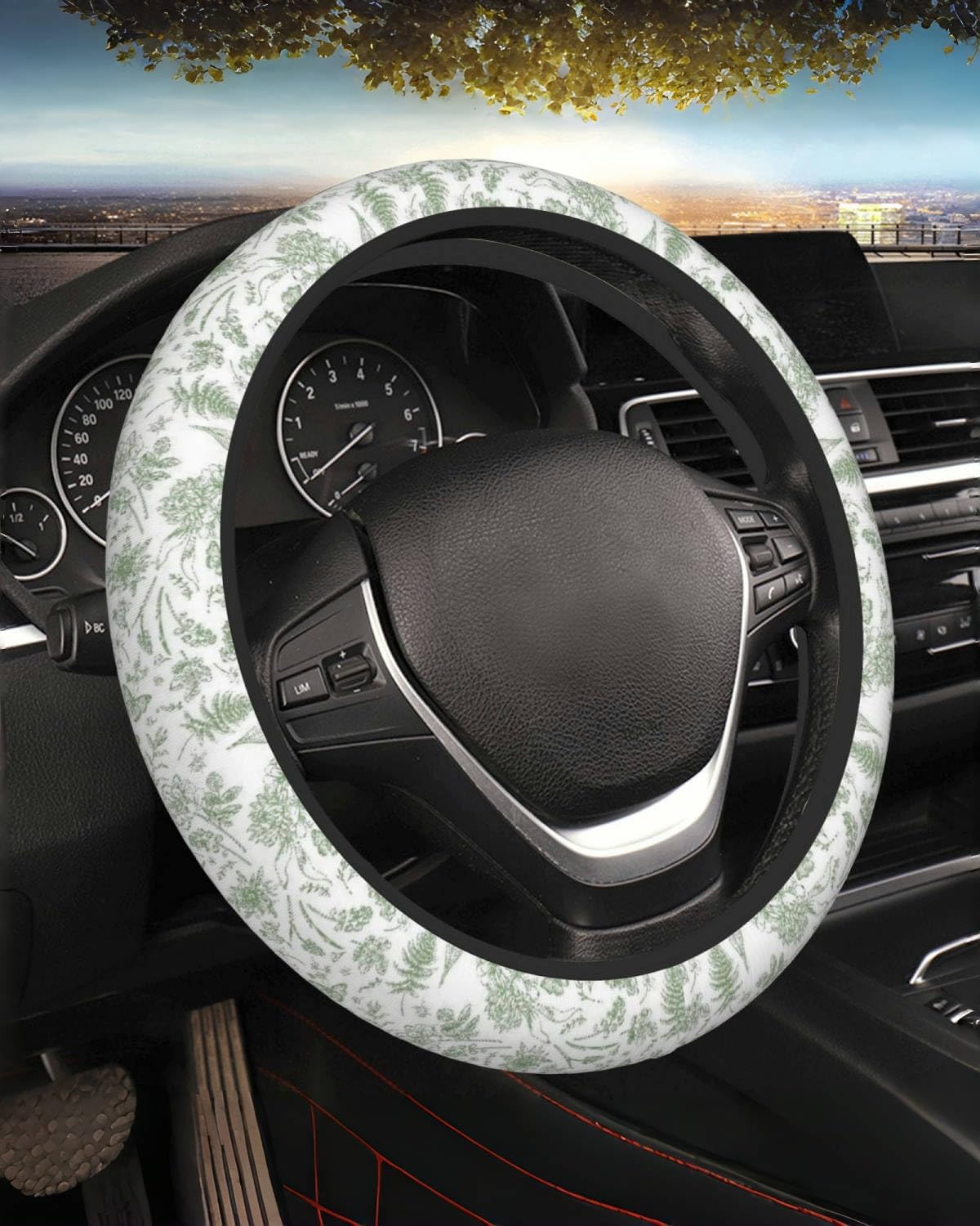 Neoprene Universal Steering Wheel Cover - Green Plants