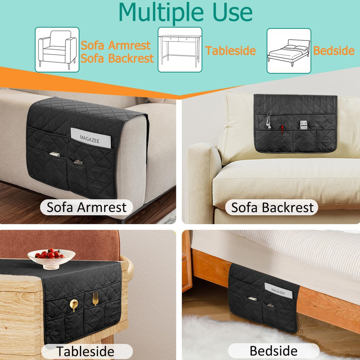 Remote Control Holder for Recliner Armchair Caddy Couch Armrest Organizer, Non-Slip Arm Chair Bedside Caddy Storage Organizer for Recliner Couch With 6 Pockets for Magazine, Phone, iPad (Black)