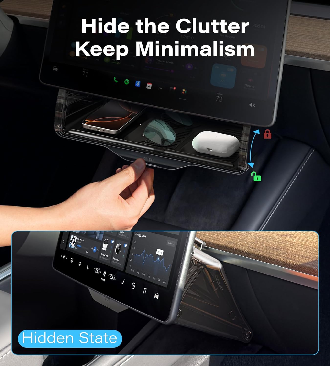 TAZENI Under Screen Storage Box Fit Model Y Juniper Model 3 Highland, Magnetic Hidden Privacy Storage for Model Y 3 Accessories, Center Console Organizer for Model Y 2019~2026 & Model 3 2016-2026