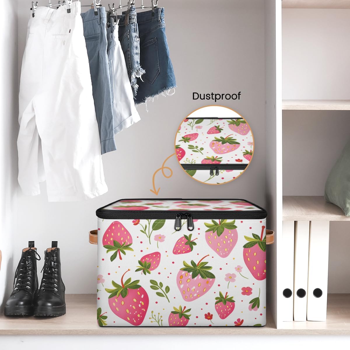 Storage Bin with Lid, Strawberry Stackable Closet Storage Bins, Decorative Bedroom Organizer Box, Lidded Baskets Living Room Storages Boxes Cube Organizer, Cute Container with Handles