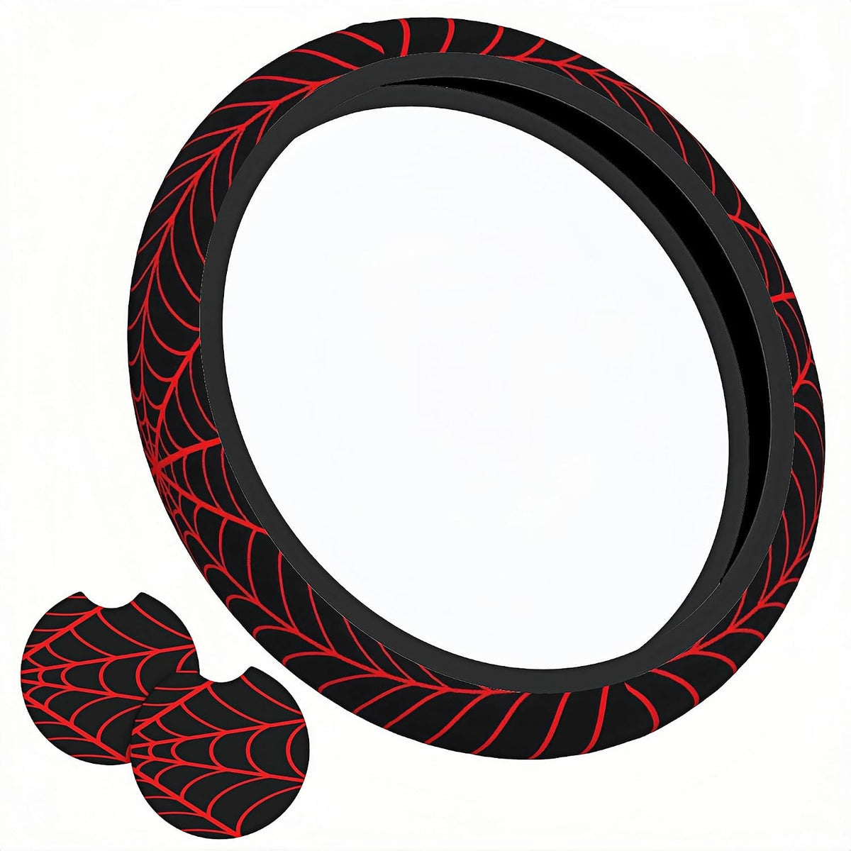 Black Spider Web Steering Wheel Cover 15 Inch + 2 Car Cup Coasters