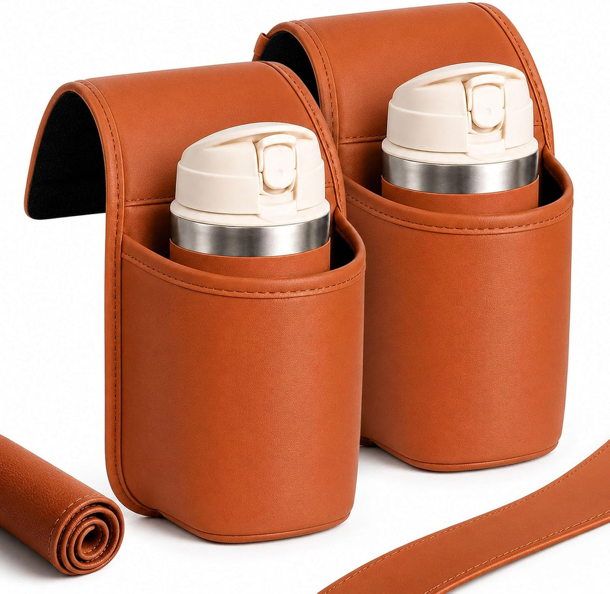 2027 Leather Car Door Cup Holder for Window, Wide-Mouth Organizer for Drinks & Phone (2Orange)