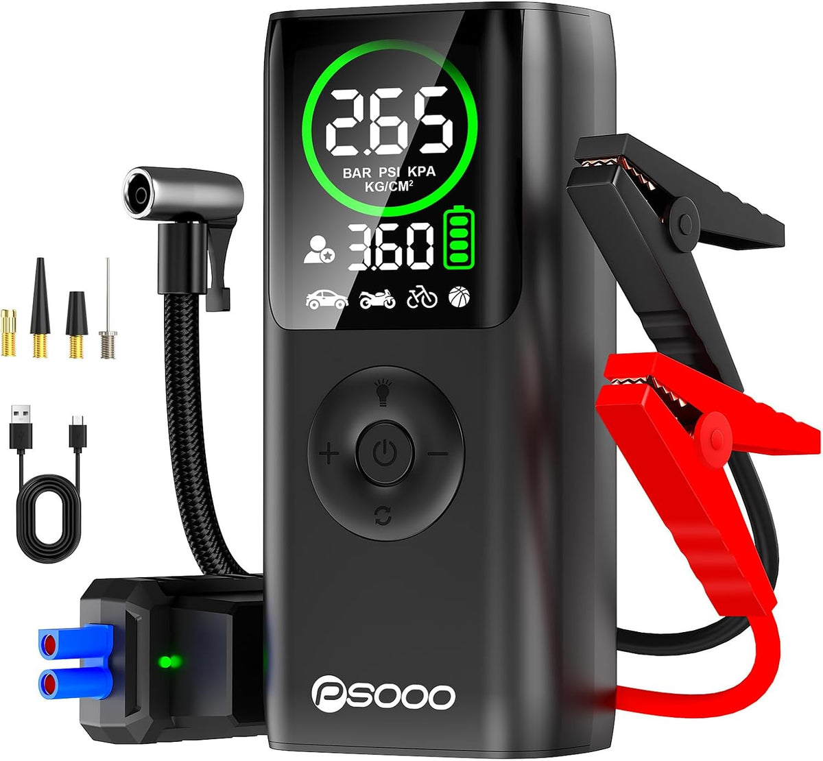 Jump Starter with Air Compressor, 8000A Car Battery Jumper Starter with 150 PSI Tire Inflator Portable, LED Display for 12L Diesel All Cars Engines, Jumper Cables and Light