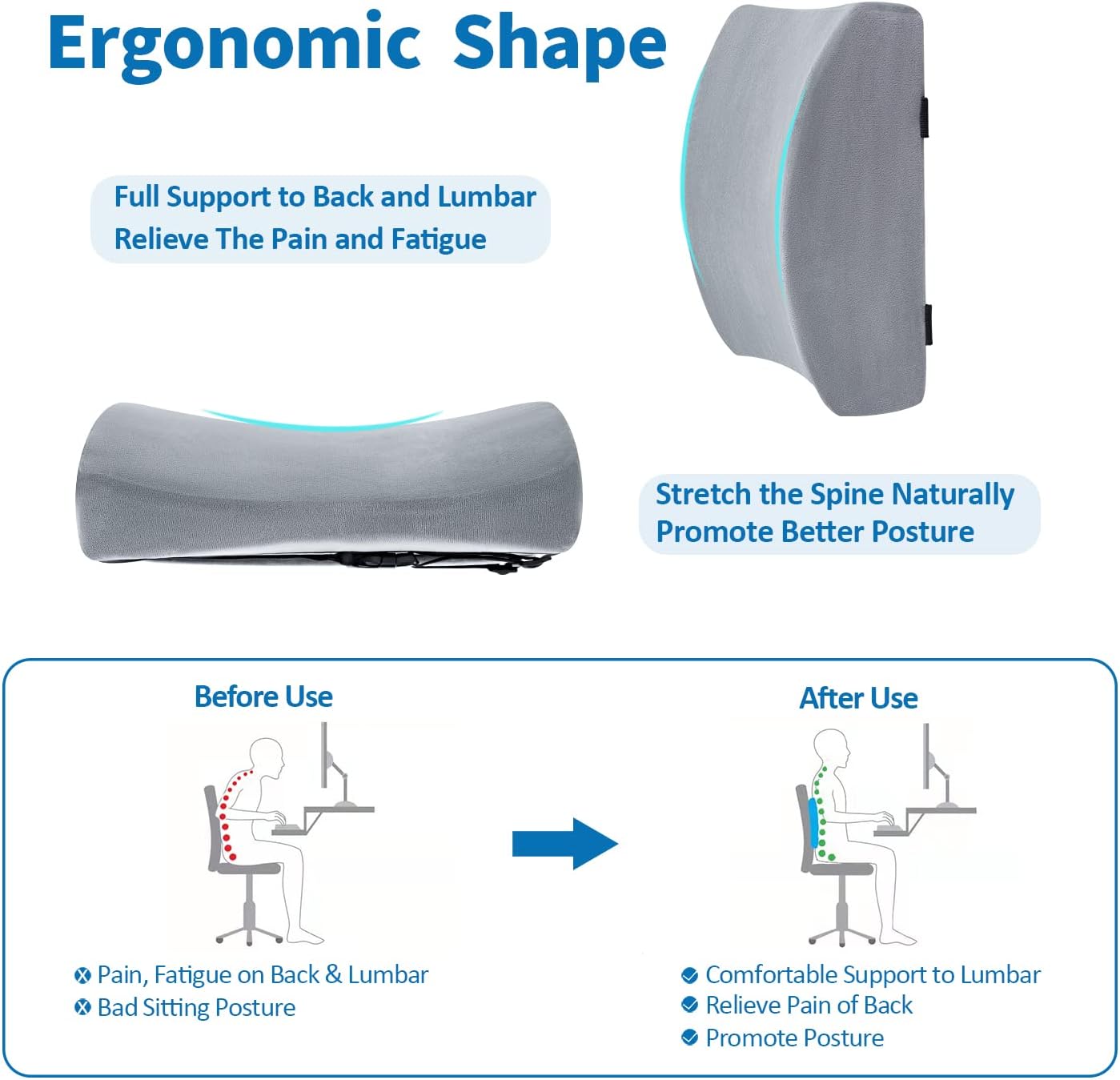 SAIREIDER Lumbar Pillow, Memory Foam Office Chair Back Support Pillows Back Pain Relief Improve Posture, Lumbar Support Pillow for Car、Gaming Chair、 Home Chair, Double Adjustable Straps(Grey)