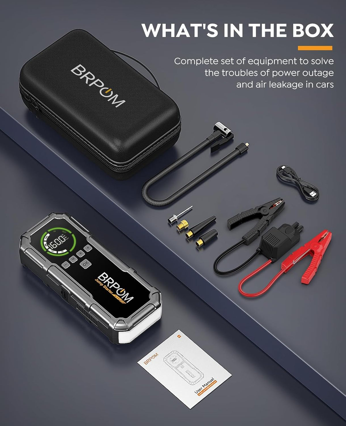 Jump Starter with Air Compressor, BRPOM 8000A Portable Car Jump Starter (All Petrol/12L Diesel), 160PSI 12V Battery Jump Starter Power Pack with Jump Clamps, LCD Screen, 600 Lumens Emergency Light