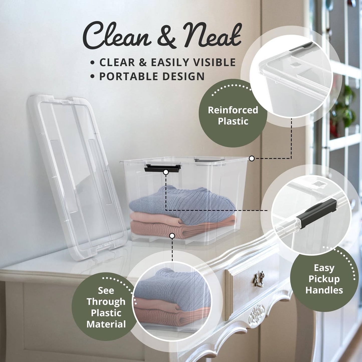 Lifetime Appliance Parts 6 PACK 34 Qt. Plastic Storage Bin Tote Organizing Container with Ultra Durable Lid & Secure Latching Buckles Stackable Extra Strength Clear w/Black Handle