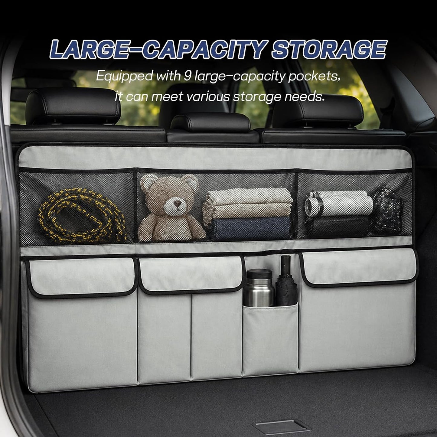 wuyaoyao Car Trunk Organizer, 9 Pockets Large Capacity Vehicle Backseat Hanging Storage Bag, Space Saving Automotive Seat Back Trunk Cargo Organizer Bag for SUV, Universal Car Accessories (Gray)