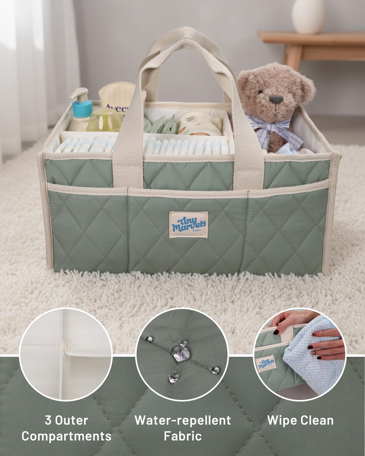 Baby Diaper Caddy Organizer – Nursery Storage Basket with Removable Divider, Stylish Diaper Caddy for Changing Table, Portable Car Caddy Organizer for Newborn Essentials, Large Capacity & Side Pockets