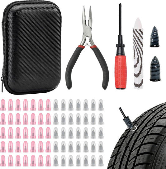 73 Pcs Tire Plug Kit, Screw in Tire Repair Rubber Nail Kit with Pliers, Screwdriver, Crayon, Quick Self-Service Emergency Repair Patch Tool for Automotive Car, Truck, Motorcycle Tubeless Tire Puncture
