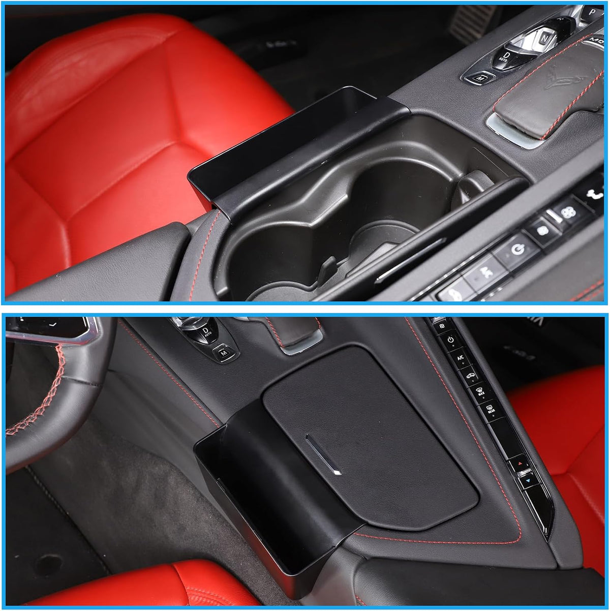 Center Console Cup Holder Organizer Compatible with Chevrolet Corvette C8 2020-2024 ABS 1PCS,Car Cup Holder Expander Storage Box,Cup Holder Hanging Insert Box Secondary Storage Tray (Black)