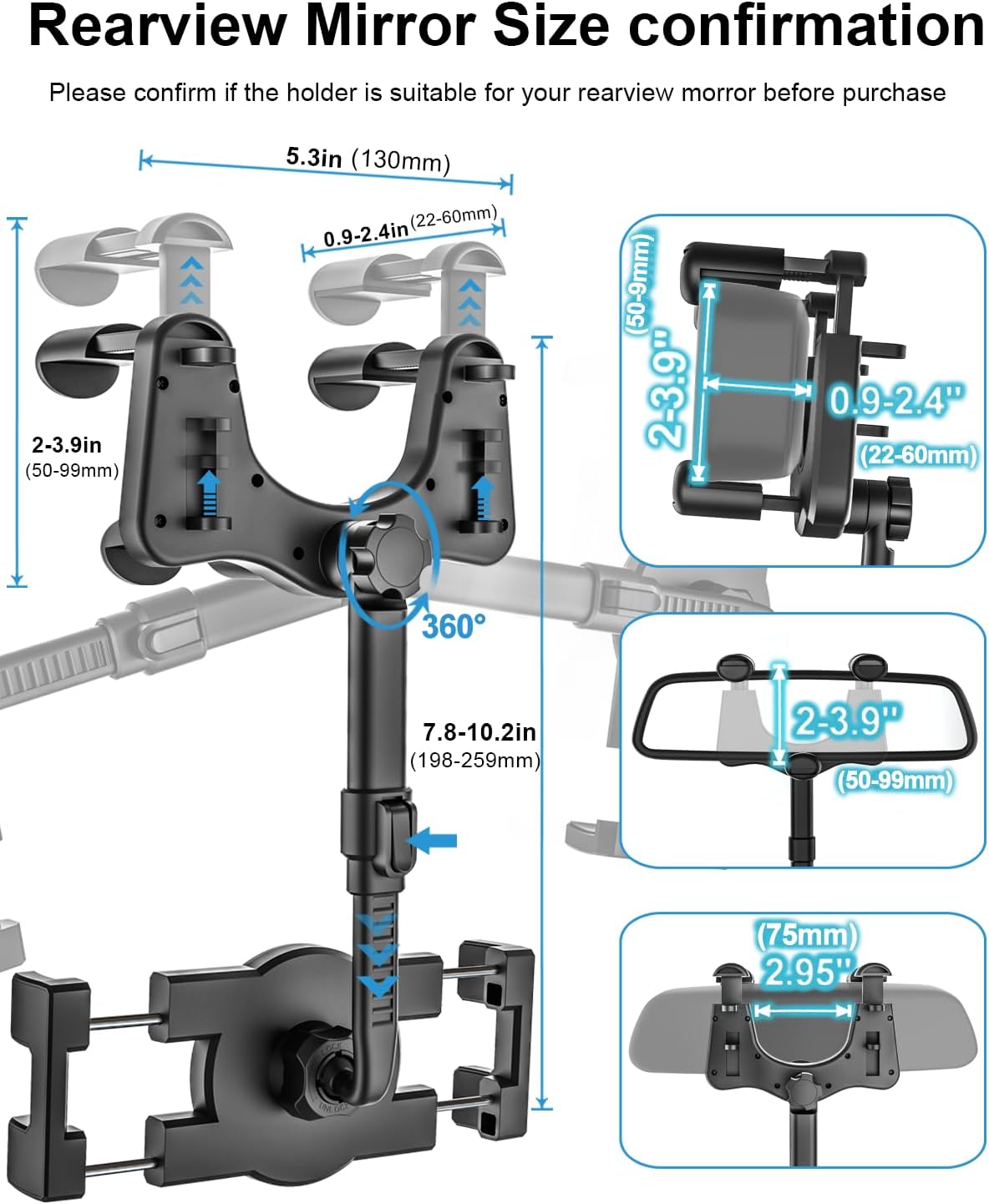 Rearview Mirror Tablet Holder for Car, Rear View Mirror Car Tablet Mount, 360° Rotatable Adjustable Universal Clip, for iPad Pro Air Mini, Galaxy Tabs, Z Fold, Fire HD, iPhone, 4.7-11" Devices
