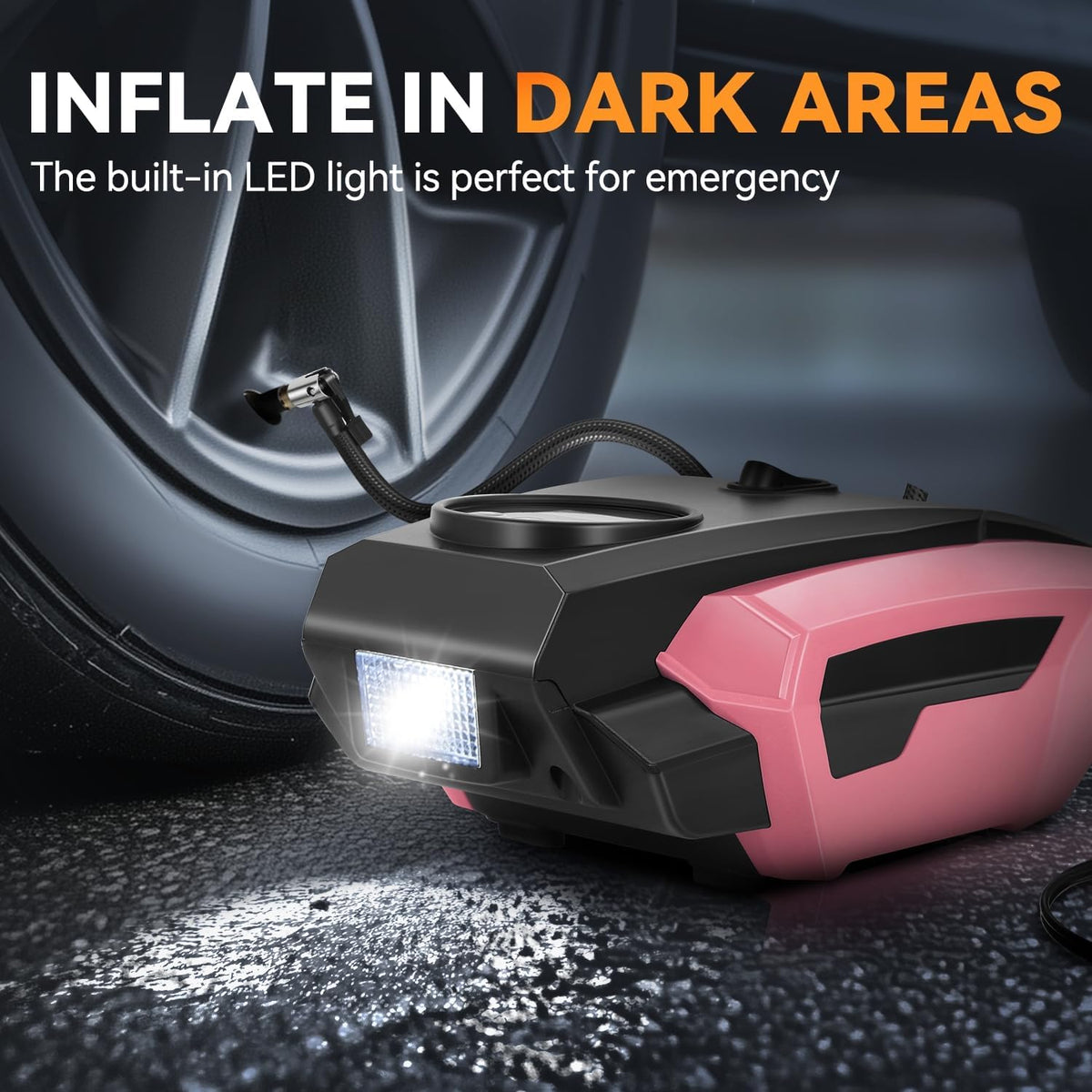 Auto Dynasty 12V DC Emergency Tire Inflator for Car – Portable Air Compressor with Preset Pressure Shut-Off & LED Light, Digital Gauge for Sedan, Motorcycle, Bike Tires & Sports Balls (Pink)