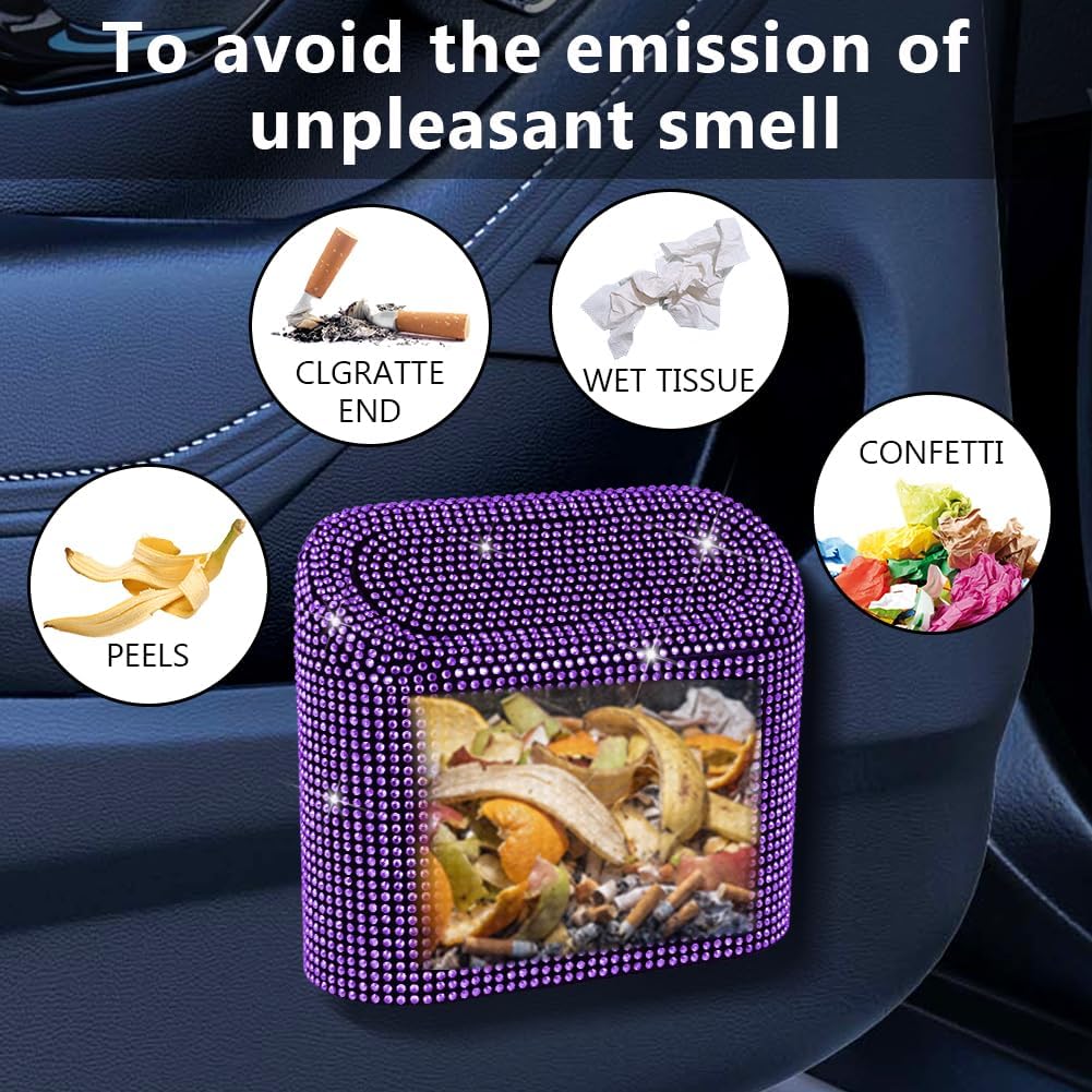 eing Car Trash Can with Lid, Mini Vehicle Trash Bin Car Dustbin Garbage Organizer,Bling Crystal Automotive Garbage Can Bin Trash Container for Auto Cars, Home, Office,Purple