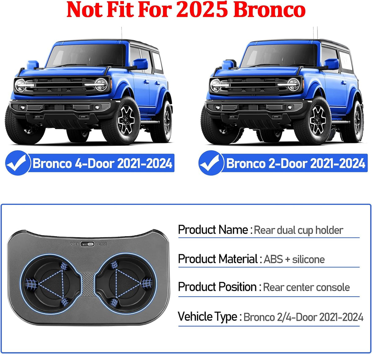 Removable Rear Cup Holder for Ford Bronco 2021 2022 2023 2024 2/4 Door Bronco Accessories,Upgrade Rear Seat Cup Holder Expander Insert Organizer Water Drink Holders for Interior Accessories