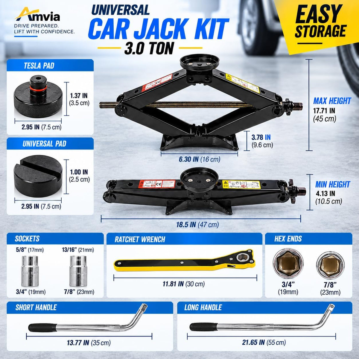 Car Jack Kit 3 Ton Scissor Jack with Universal & Tesla Pads for Auto & SUV