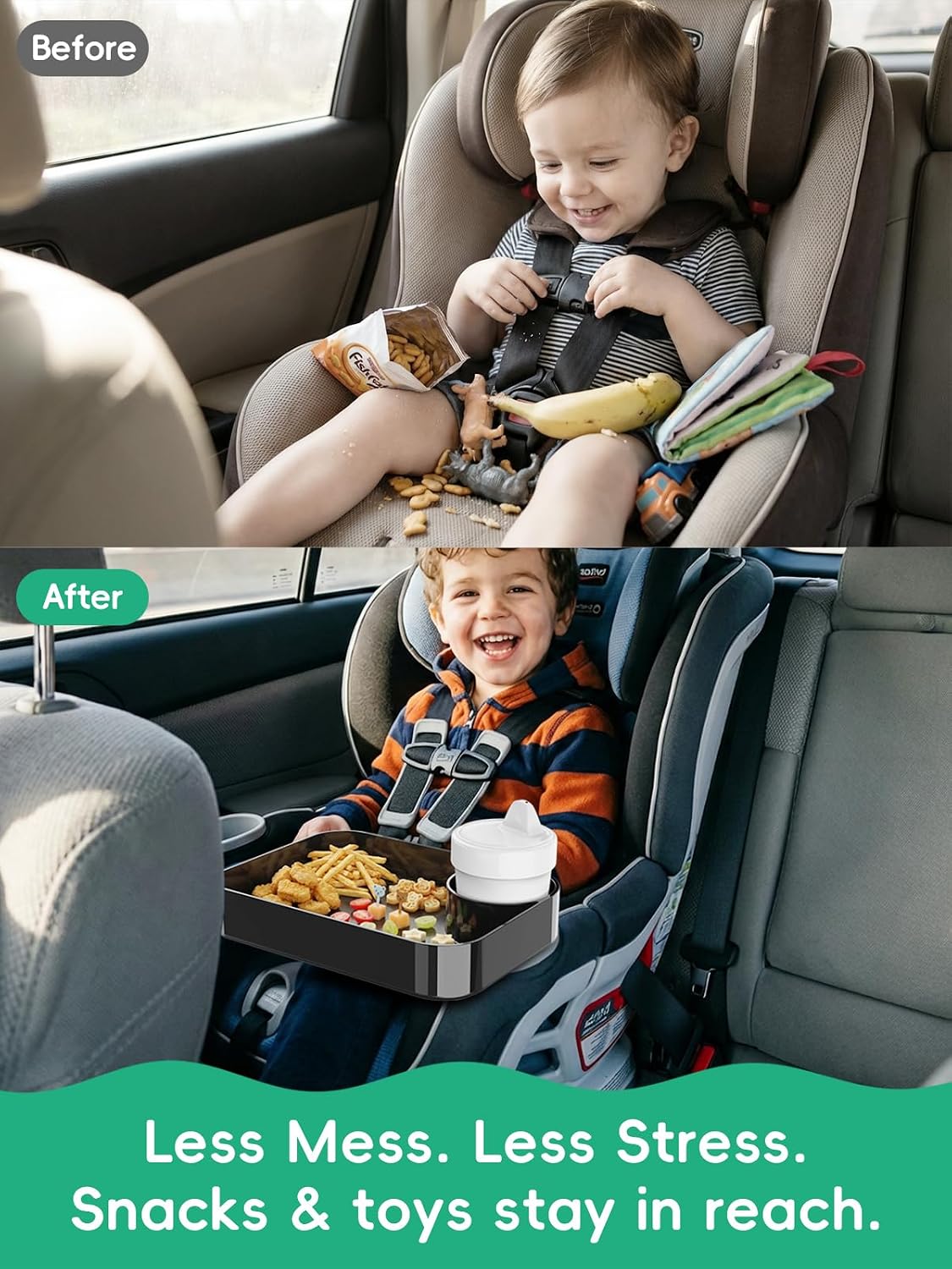 Car Seat Cup Holder Snack Tray for Kids, Reduces Mess, Detachable Large Base & Adjustable Ring, Carseat Tray for Toddler, Car Seat Food Tray Eating Table for Kids Travel Road Trip Essentials