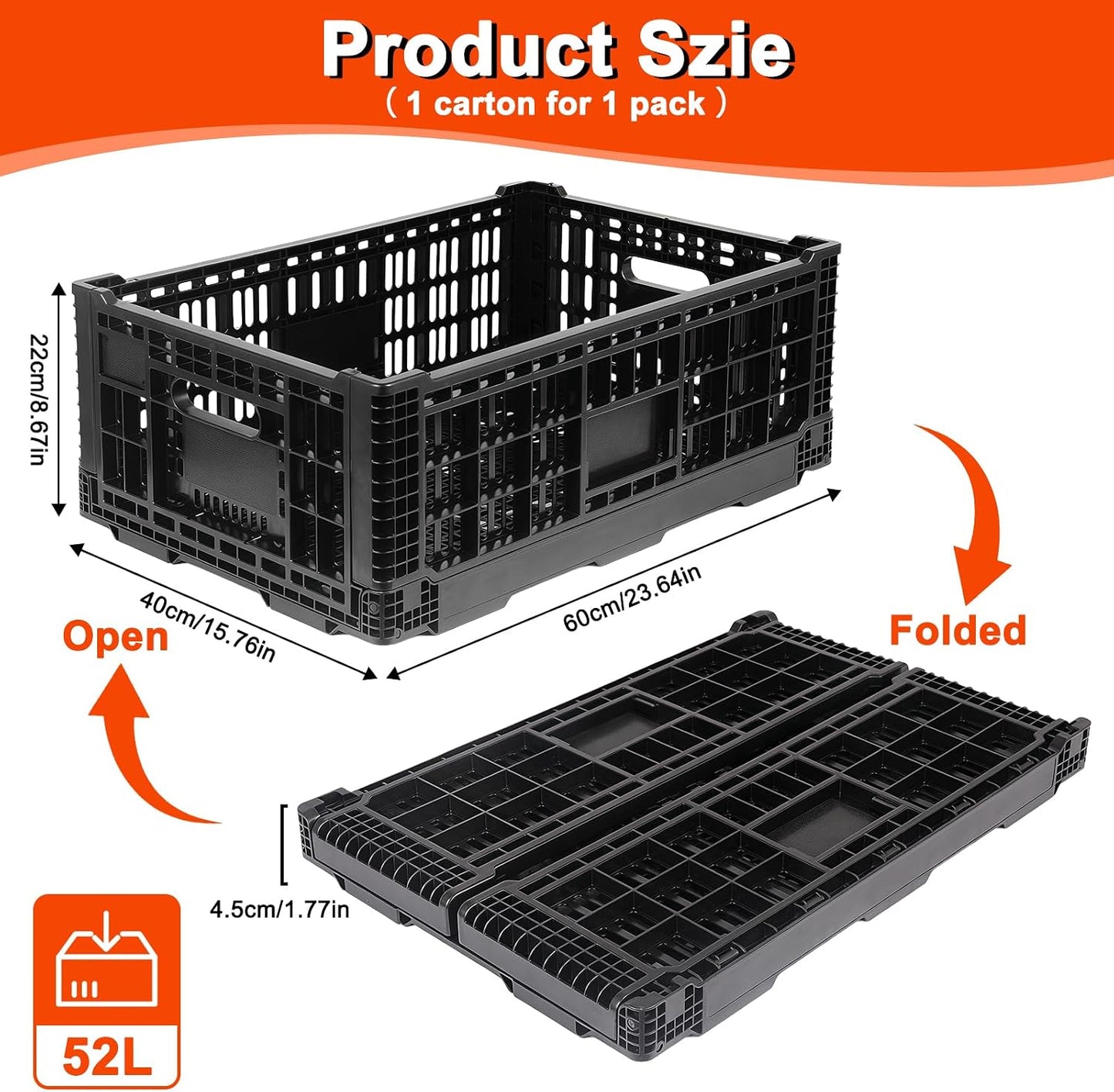 52L Milk Crate, Plastic Storage Crate with Handles, | Hold 130 lbs Per Bin, Large Collapsible Storage Bins for Home Organizing, Tools, Books, Camping & Transport