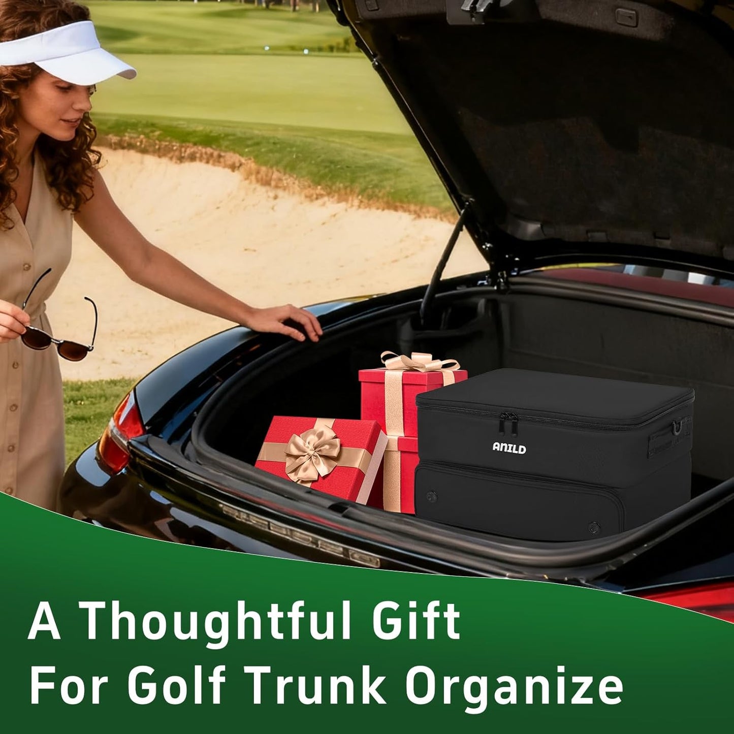 ANILD Golf Trunk Organizer, 2 Layer Golf Storage Case with Separate Ventilated Compartment for 2 Pair Shoes, for Balls, Tees, Clothes, Gloves, Accessories, Golfer Gifts