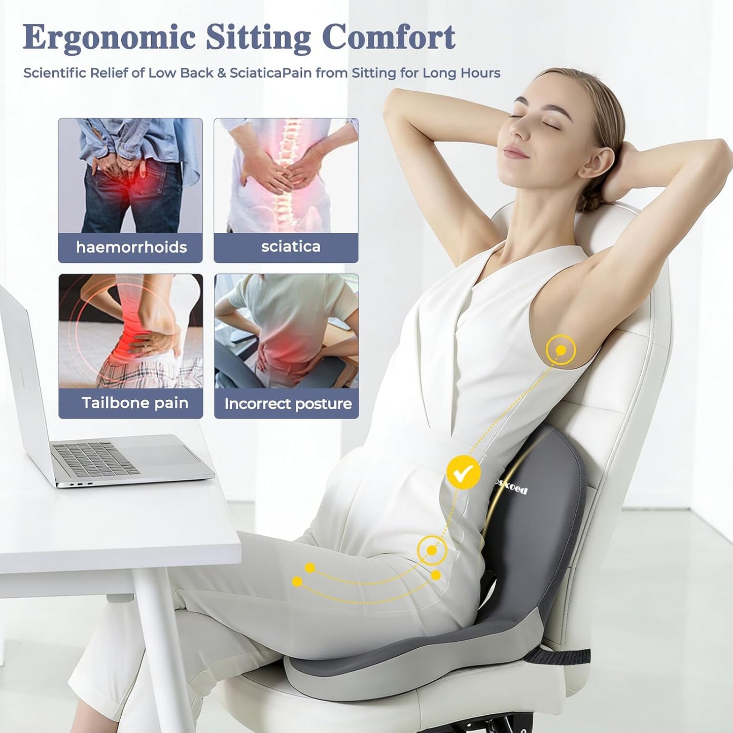 Memory Foam Seat Cushion for Sciatica & Back Pain Relief - Ergonomic Chair Pad with Adjustable Strap & Supportive Comfort Cover, Non-Slip for Car, Truck, Office Chair - Dark Gray&Light Gray