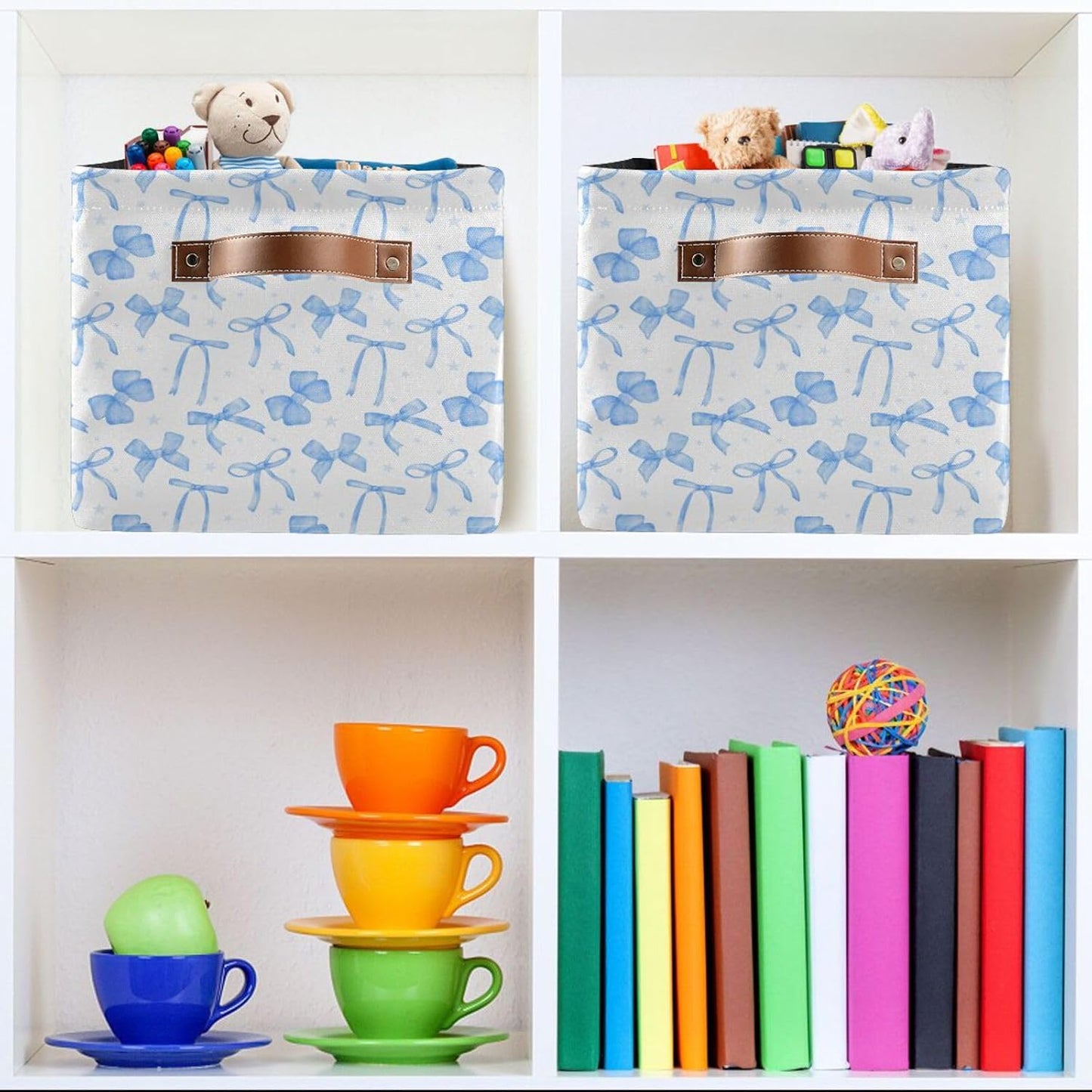 Blueangle Blue Ribbon Bow Rectangle Storage Bin, 15 x 11 x 9.5 in, Collapsible Organizer Storage Basket for Home Décor, 2PCS