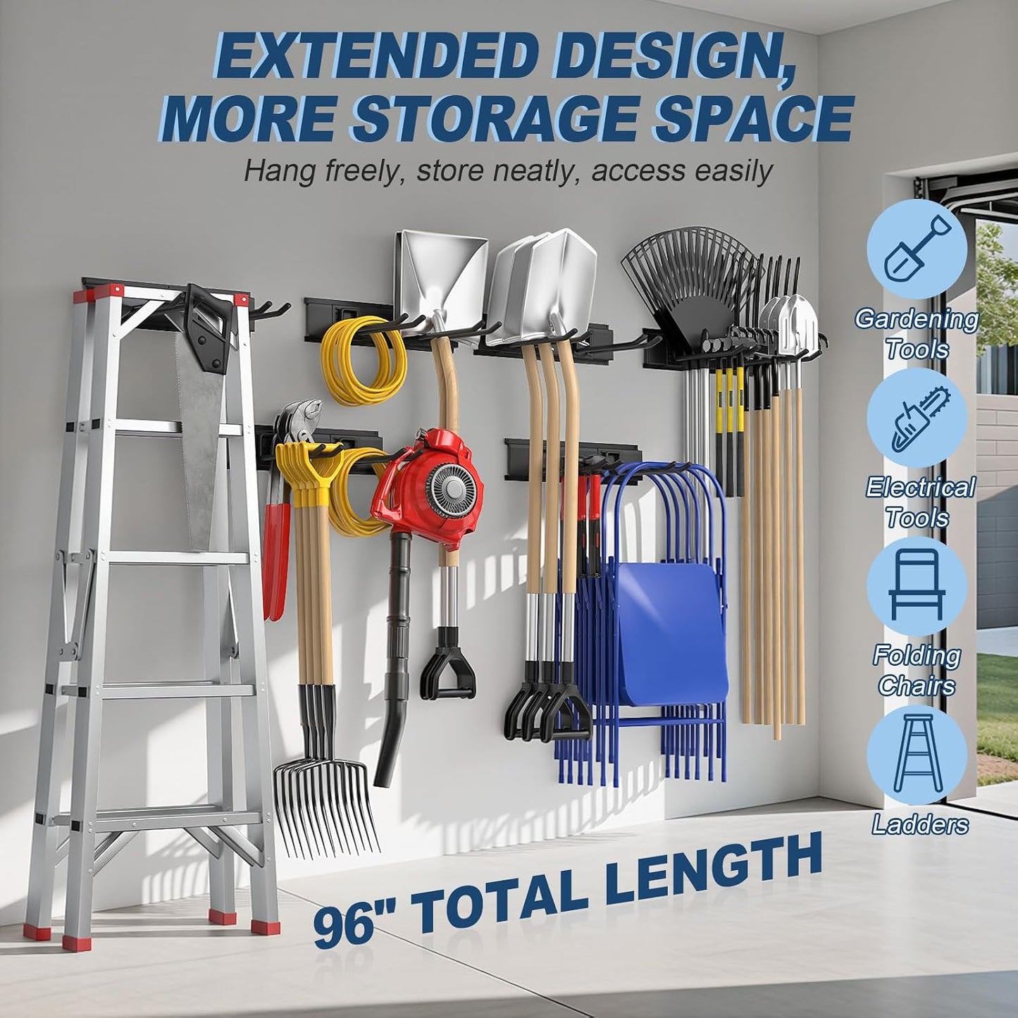 Housolution Heavy Duty Garage Wall Organizer 96 Inch - 20Pack Carries 720 lbs, Garage Tool Storage System, 6 Rails with 12 Adjustable Metal Hooks, Garden Yard Shed Rack for Rake Broom Mop Snowboard