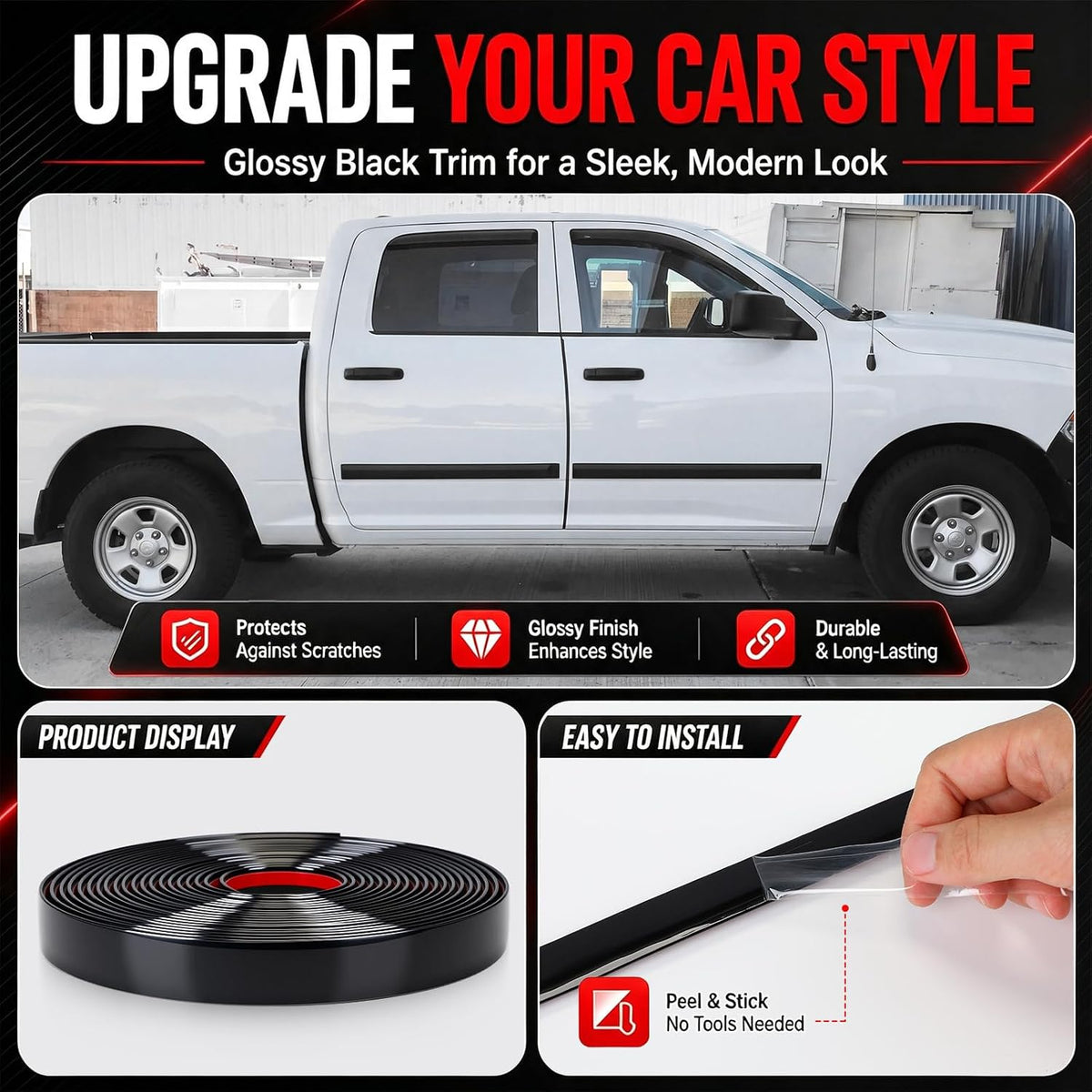 Pangda Glossy Black Body Side Molding Trim 3/4 Inch Wide Universal Car Bumper Door Edge Protector 20 Feet Self Adhesive Automotive Guard for Trucks SUVs Marine Crafts and DIY Home Furniture