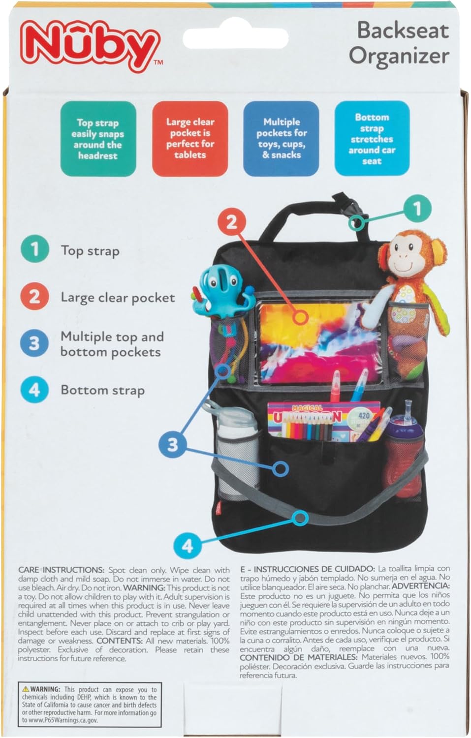 Nuby Backseat Car Organizer Set: Organizer with Tablet Holder, Storage Pockets and 5 Linkable Hooks for Attaching Accessories | Easy to Clean Black (Pack of 2)