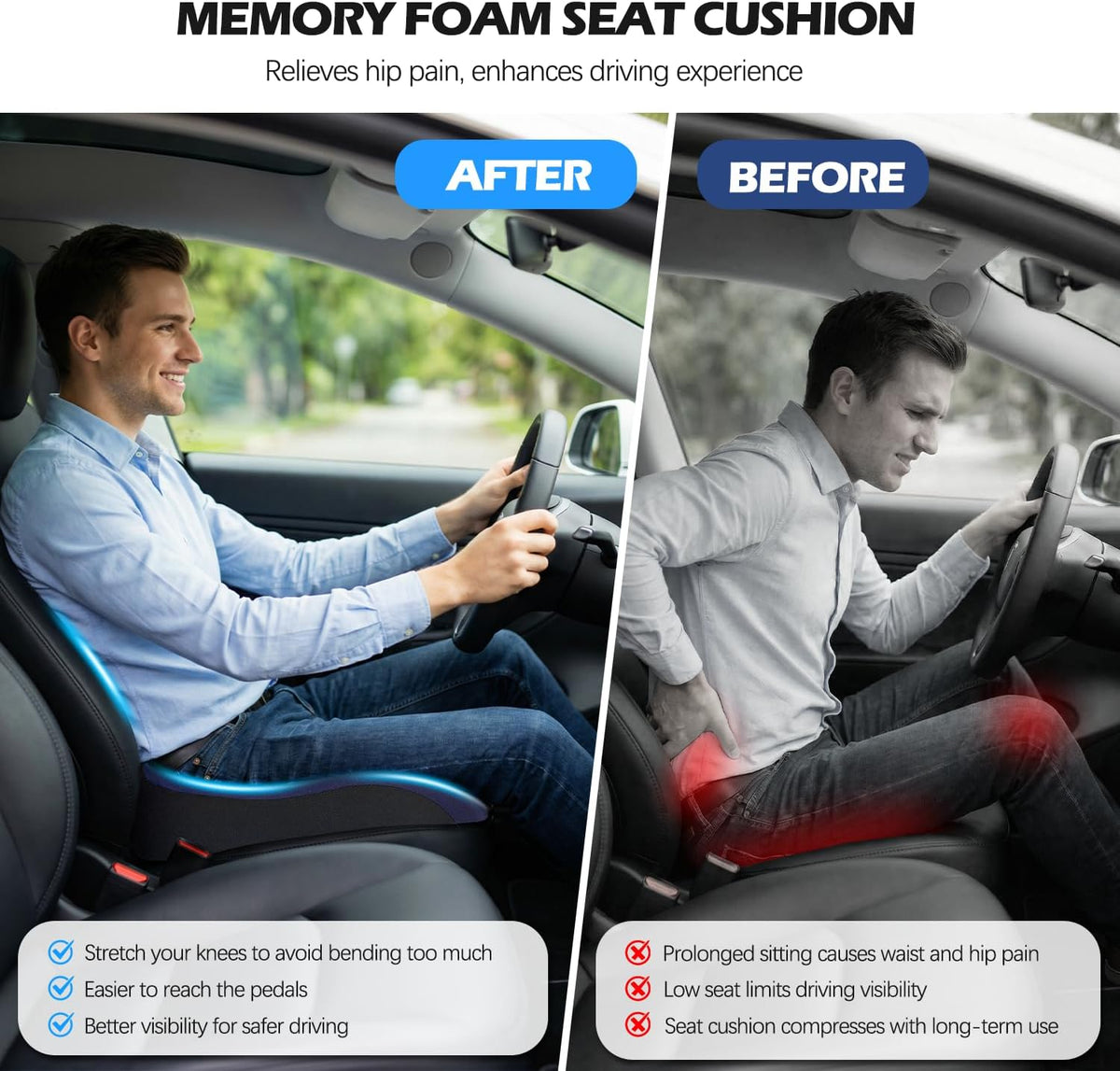 Car Seat Cushion for Driving, Memory Foam Driver Seat Cushion