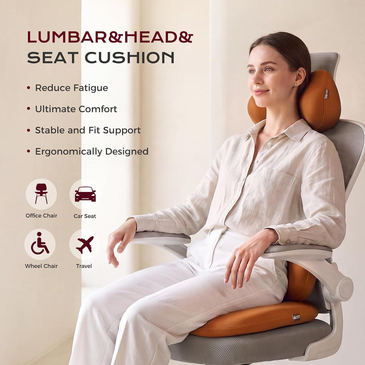 Coverado Car Seat Cushion and Lumbar Support Pillow with Headrest, Memory Foam Cooling Silk Ergonomic Cushion for Driving Back Neck Pain Relief Universal Fit Coffee
