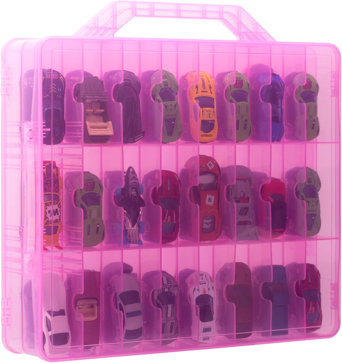 Double Sided Diecast Cars Storage Case for 48 Diecast Cars, Matchbox Cars, Mini Cars, Portable Transparent Storage Case for Diecast Cars, Matchbox Cars with 48 Compartments, Case Only