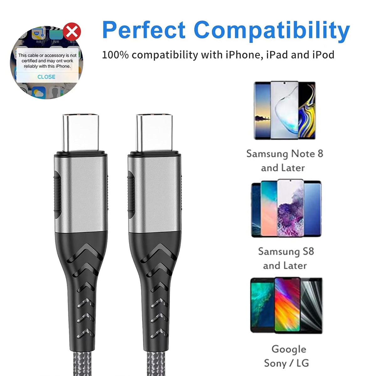 Durcord 2Pack 10ft USB C Charger Cable - 100W Fast Charging for Android/Phone/Pad, Type C to Type C Compatible with iPhone 17/16/15 Pro Plus Max Silver