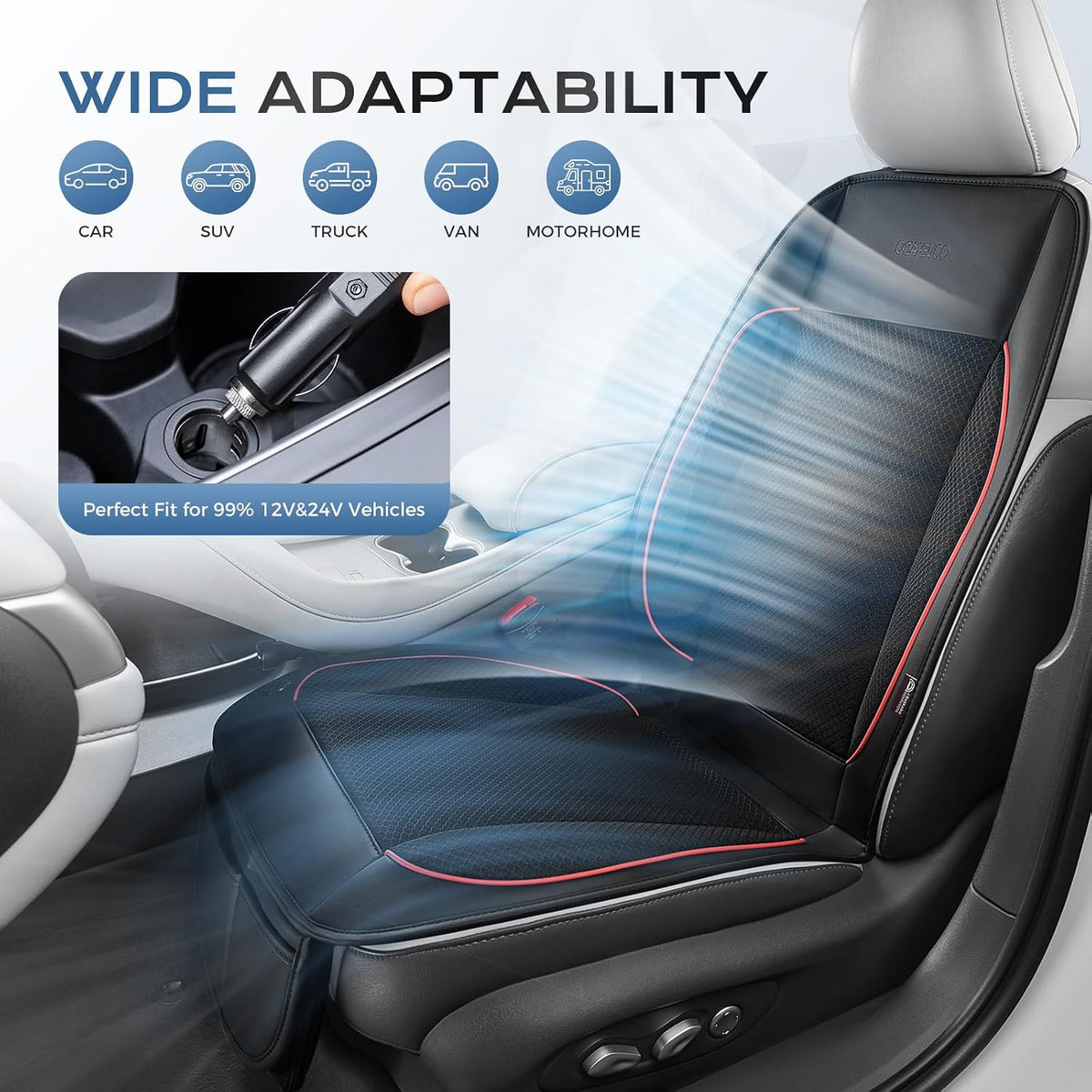 Coverado Cooling Car Seat Cushion, Universal Front Seat Cover 12V-24V Ventilated 3D Mesh Breathable Pad with 3 Speed Mode Dual Fan for Cars SUV Heatwave Driving Black&Red