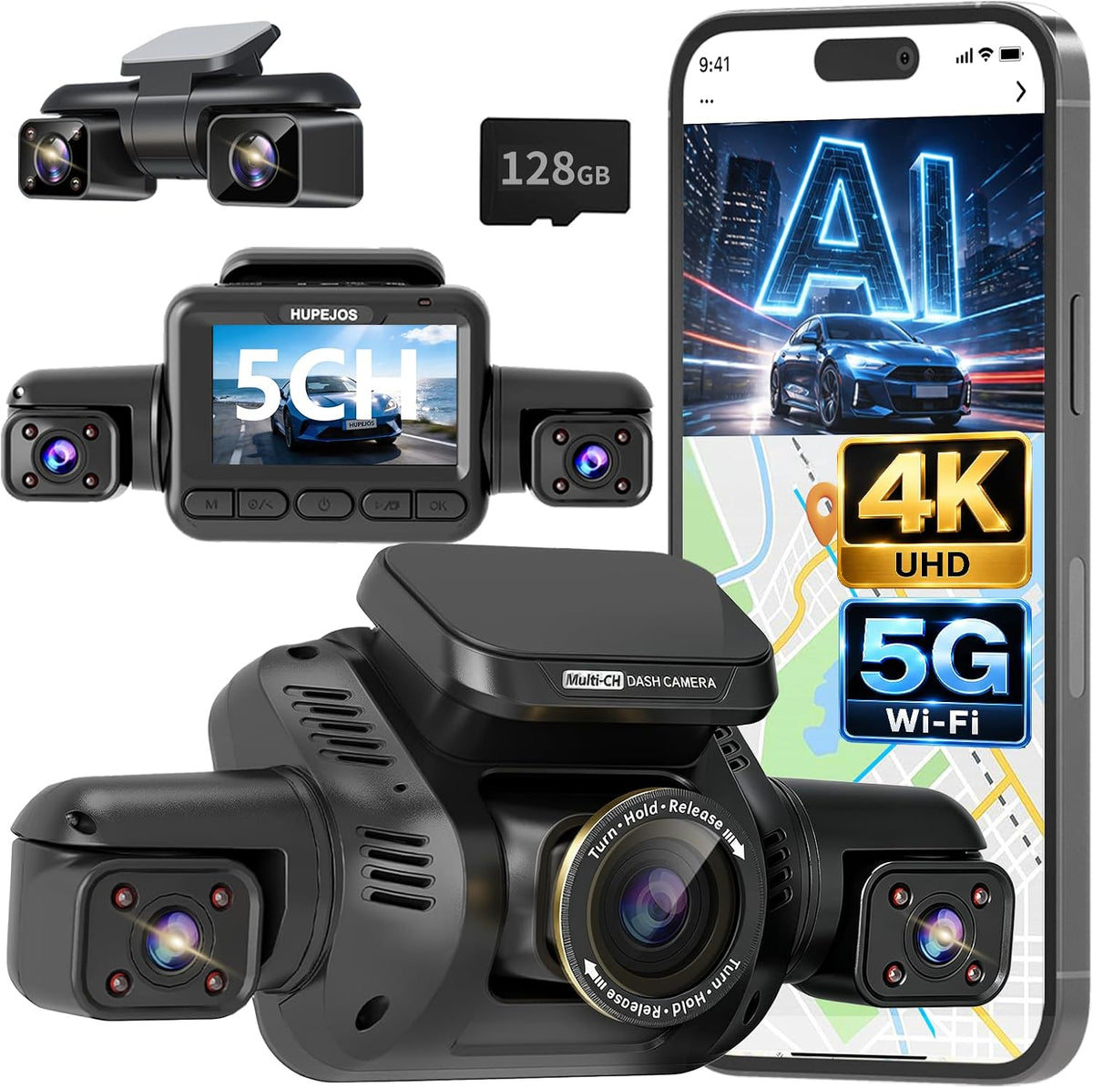 HUPEJOS 360° View 5 Channel Dash Cam Front and Rear, 4K Camera for Car