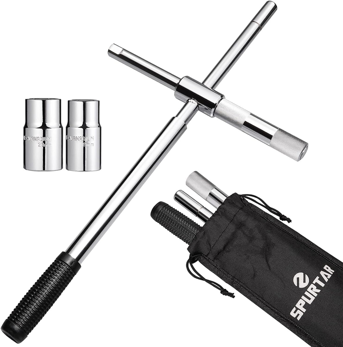 Spurtar Extended 4 Way Lug Wrench, Tire Iron Lug Nut Wrench, Tire Nut Remover Tools 1/2 Drive with 17/19mm and 21/23mm Sockets