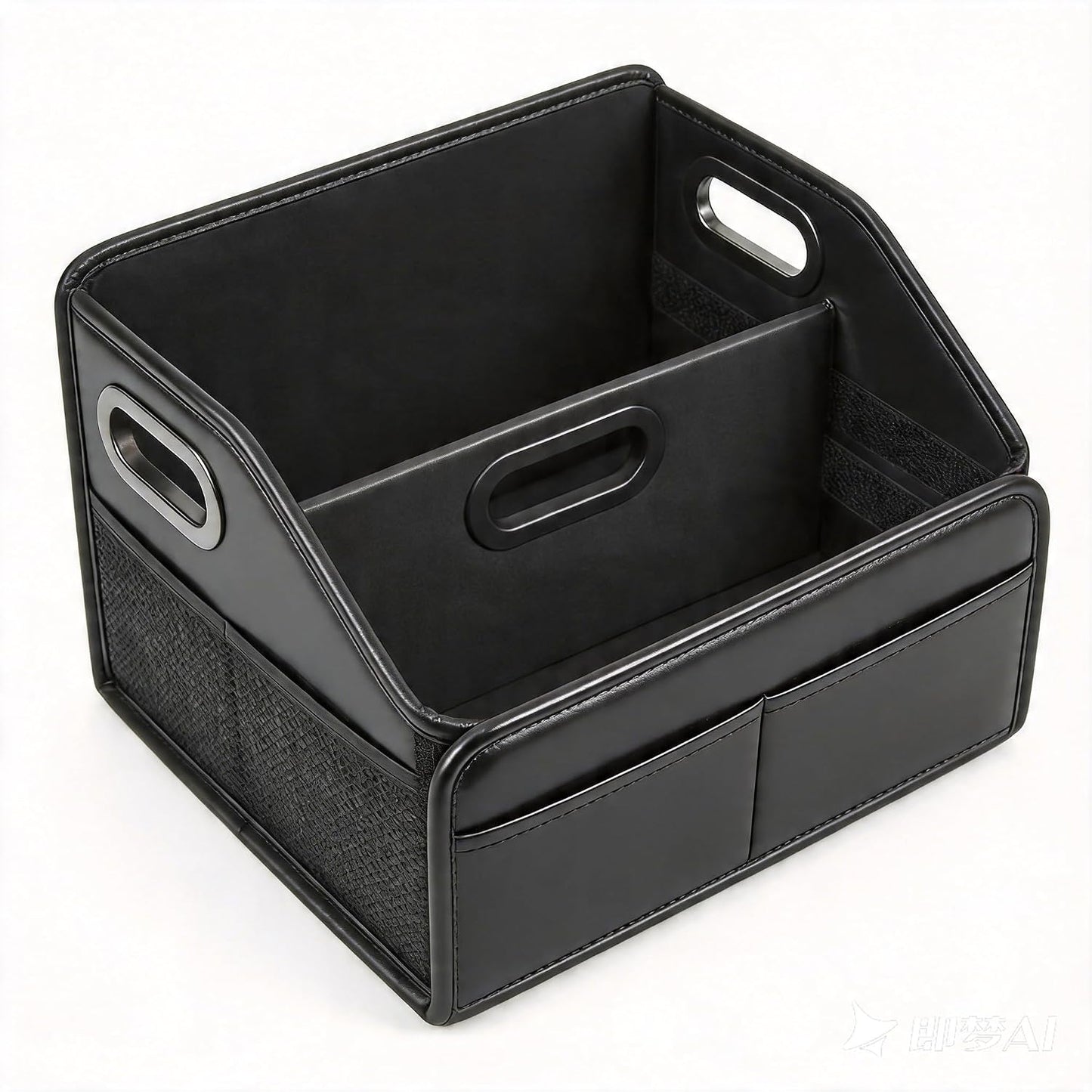 Car Storage Organizer Reinforced Dividable Leather Car Caddy Basket for Front Seat Floor Back Sturdy Frosted Handle 8 Compartments Adjustable Strap Buckles Slip-Resistant (Normal)