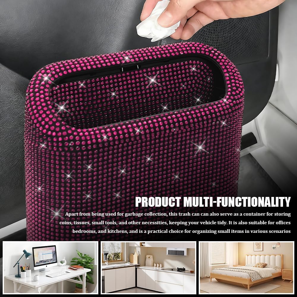 Bling Car Trash Can with Lid, Sparkly Rhinestone Auto Hanging Dustbin, Leakproof Plastic Auto Flip-Top Trash Bin, Bling Litter Container Organizer Box for Car, Home, Office and More (Pink)